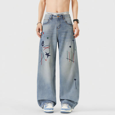 Men's Spring Light Blue Graffiti Embroidered Wide Leg Jeans