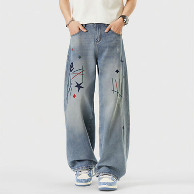 Men's Spring Light Blue Graffiti Embroidered Wide Leg Jeans