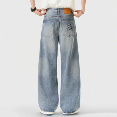 Men's Spring Light Blue Graffiti Embroidered Wide Leg Jeans