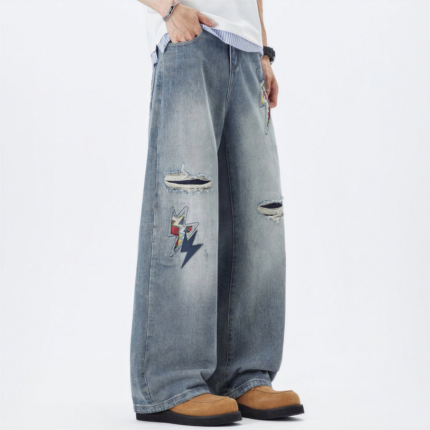 Men's Spring Light Blue Ripped Lightning Patch Jeans