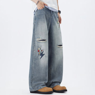 Men's Spring Light Blue Ripped Lightning Patch Jeans