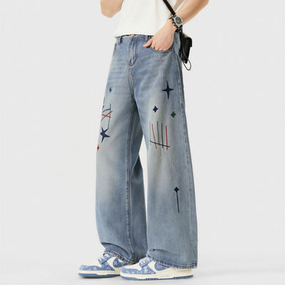 Men's Spring Light Blue Graffiti Embroidered Wide Leg Jeans