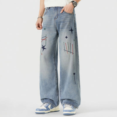 Men's Spring Light Blue Graffiti Embroidered Wide Leg Jeans