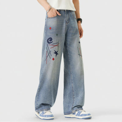 Men's Spring Light Blue Graffiti Embroidered Wide Leg Jeans