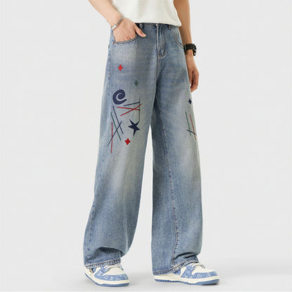Men's Spring Light Blue Graffiti Embroidered Wide Leg Jeans