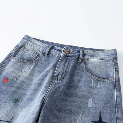 Men's Spring Light Blue Graffiti Embroidered Wide Leg Jeans