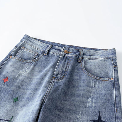 Men's Spring Light Blue Graffiti Embroidered Wide Leg Jeans