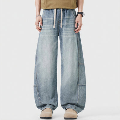 Men's Spring Light Blue Elastic Waist Paneled Straight Jeans