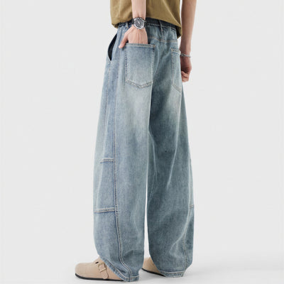 Men's Spring Light Blue Elastic Waist Paneled Straight Jeans