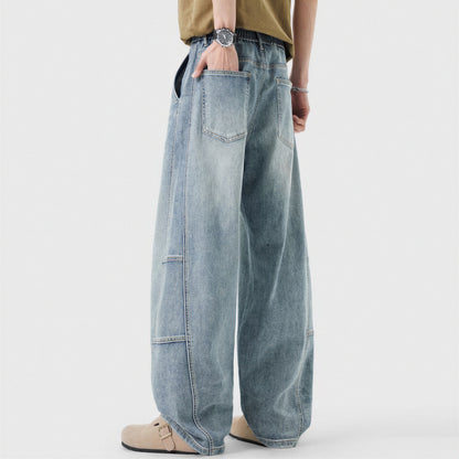 Men's Spring Light Blue Elastic Waist Paneled Straight Jeans