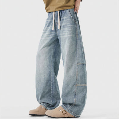 Men's Spring Light Blue Elastic Waist Paneled Straight Jeans