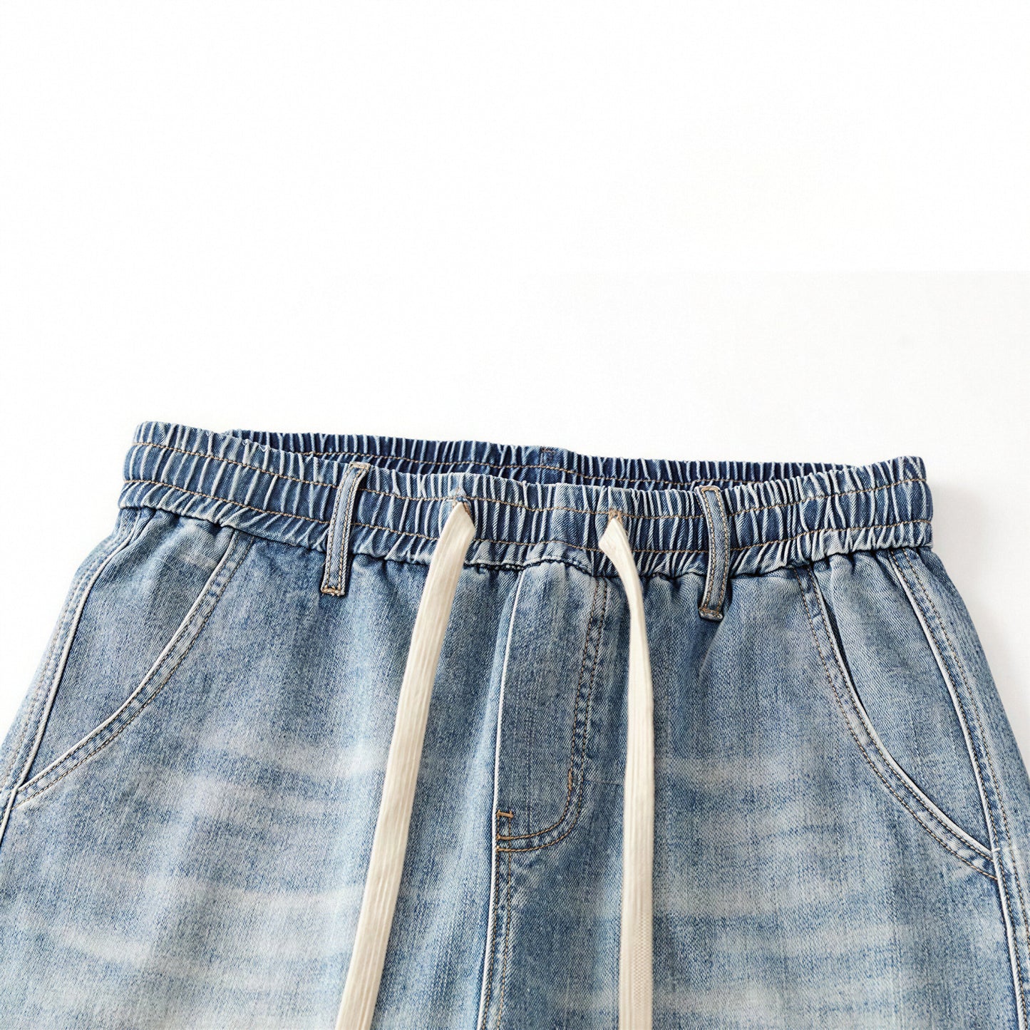 Men's Spring Light Blue Elastic Waist Paneled Straight Jeans