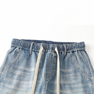 Men's Spring Light Blue Elastic Waist Paneled Straight Jeans