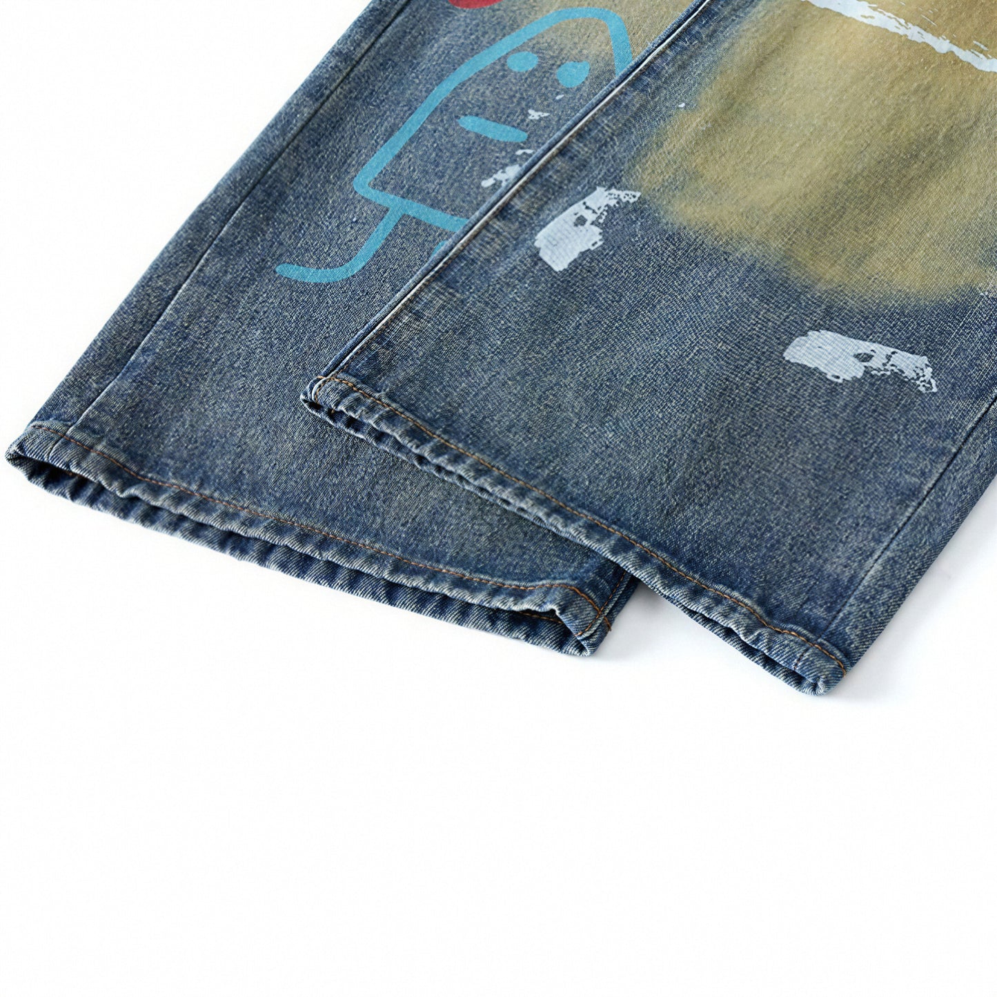 Men's Spring Dark Blue Graffiti Print Wide Leg Denim Jeans