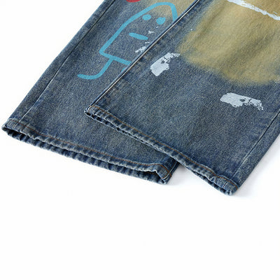 Men's Spring Dark Blue Graffiti Print Wide Leg Denim Jeans