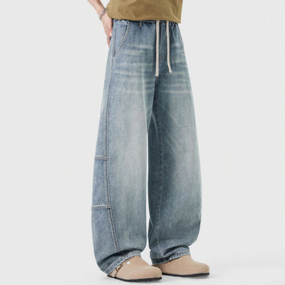 Men's Spring Light Blue Elastic Waist Paneled Straight Jeans
