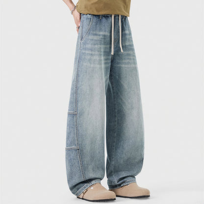 Men's Spring Light Blue Elastic Waist Paneled Straight Jeans