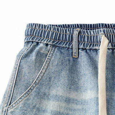 Men's Spring Light Blue Elastic Waist Paneled Straight Jeans