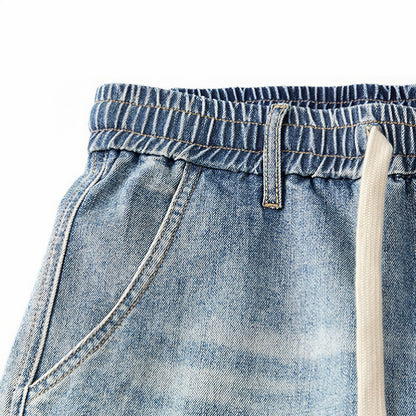 Men's Spring Light Blue Elastic Waist Paneled Straight Jeans
