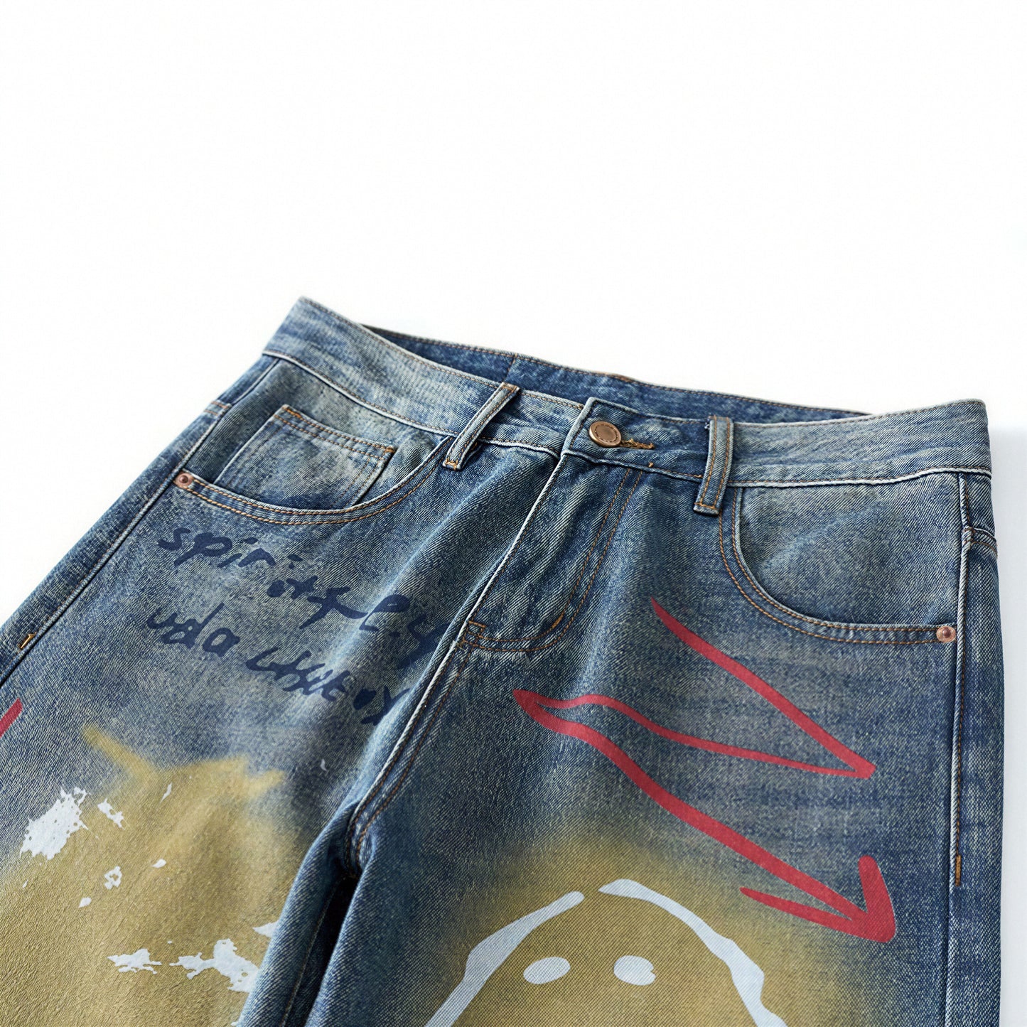 Men's Spring Dark Blue Graffiti Print Wide Leg Denim Jeans