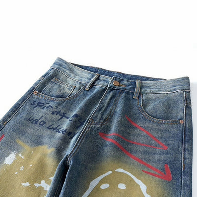 Men's Spring Dark Blue Graffiti Print Wide Leg Denim Jeans