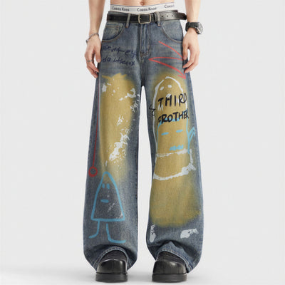 Men's Spring Dark Blue Graffiti Print Wide Leg Denim Jeans