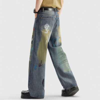 Men's Spring Dark Blue Graffiti Print Wide Leg Denim Jeans