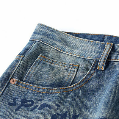 Men's Spring Dark Blue Graffiti Print Wide Leg Denim Jeans