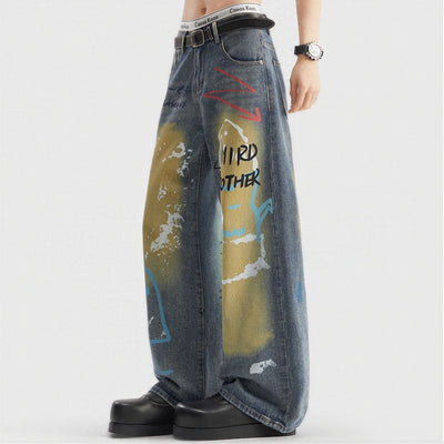 Men's Spring Dark Blue Graffiti Print Wide Leg Denim Jeans