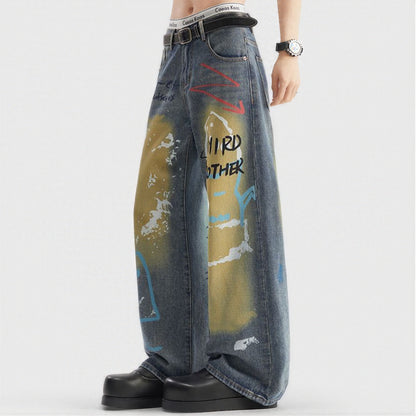 Men's Spring Dark Blue Graffiti Print Wide Leg Denim Jeans