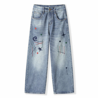 Men's Spring Light Blue Graffiti Embroidered Wide Leg Jeans
