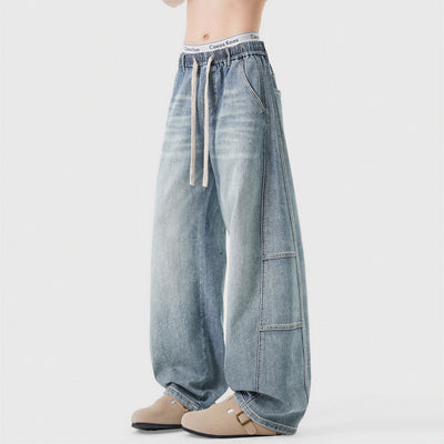 Men's Spring Light Blue Elastic Waist Paneled Straight Jeans