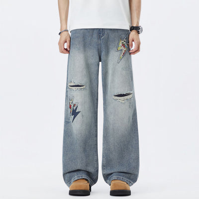 Men's Spring Light Blue Ripped Lightning Patch Jeans