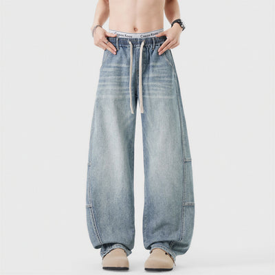 Men's Spring Light Blue Elastic Waist Paneled Straight Jeans