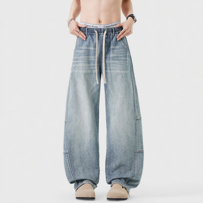 Men's Spring Light Blue Elastic Waist Paneled Straight Jeans