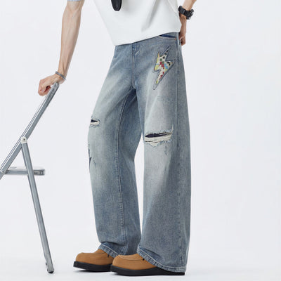 Men's Spring Light Blue Ripped Lightning Patch Jeans