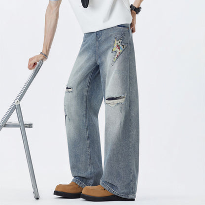 Men's Spring Light Blue Ripped Lightning Patch Jeans