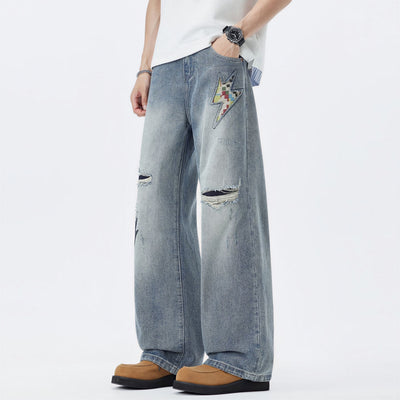 Men's Spring Light Blue Ripped Lightning Patch Jeans