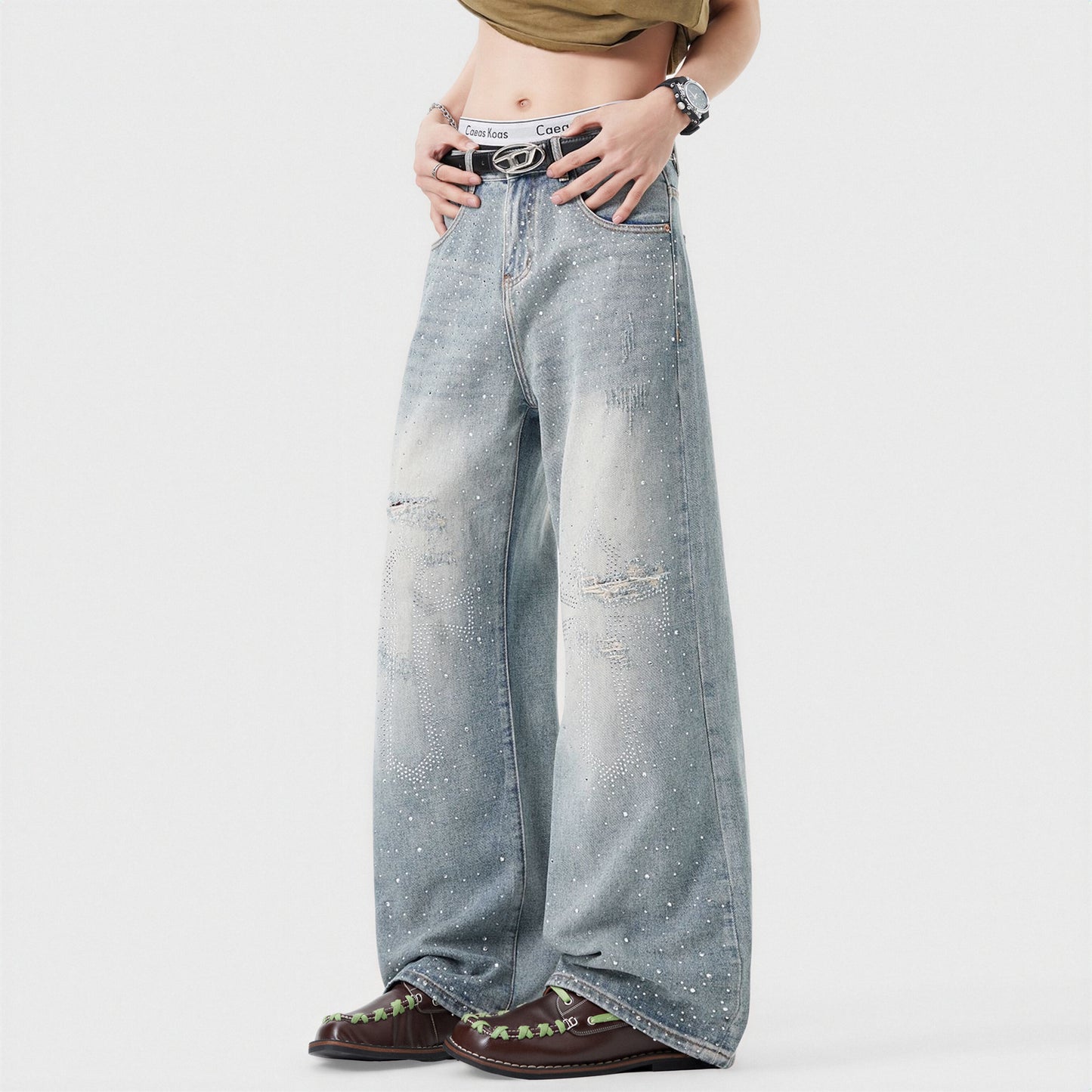 Men's Spring Light Blue Ripped Rhinestone Cross Jeans