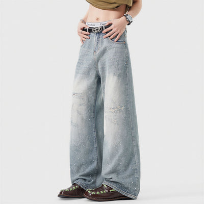 Men's Spring Light Blue Ripped Rhinestone Cross Jeans