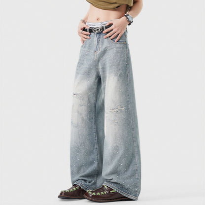 Men's Spring Light Blue Ripped Rhinestone Cross Jeans