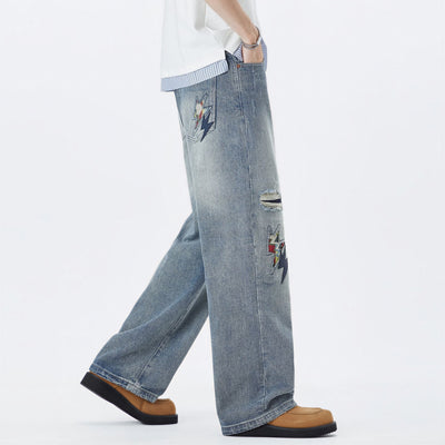 Men's Spring Light Blue Ripped Lightning Patch Jeans