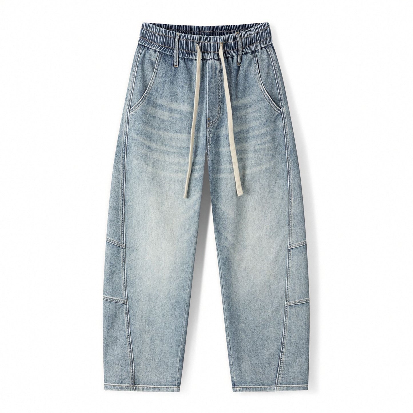 Men's Spring Light Blue Elastic Waist Paneled Straight Jeans