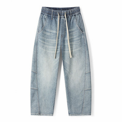 Men's Spring Light Blue Elastic Waist Paneled Straight Jeans