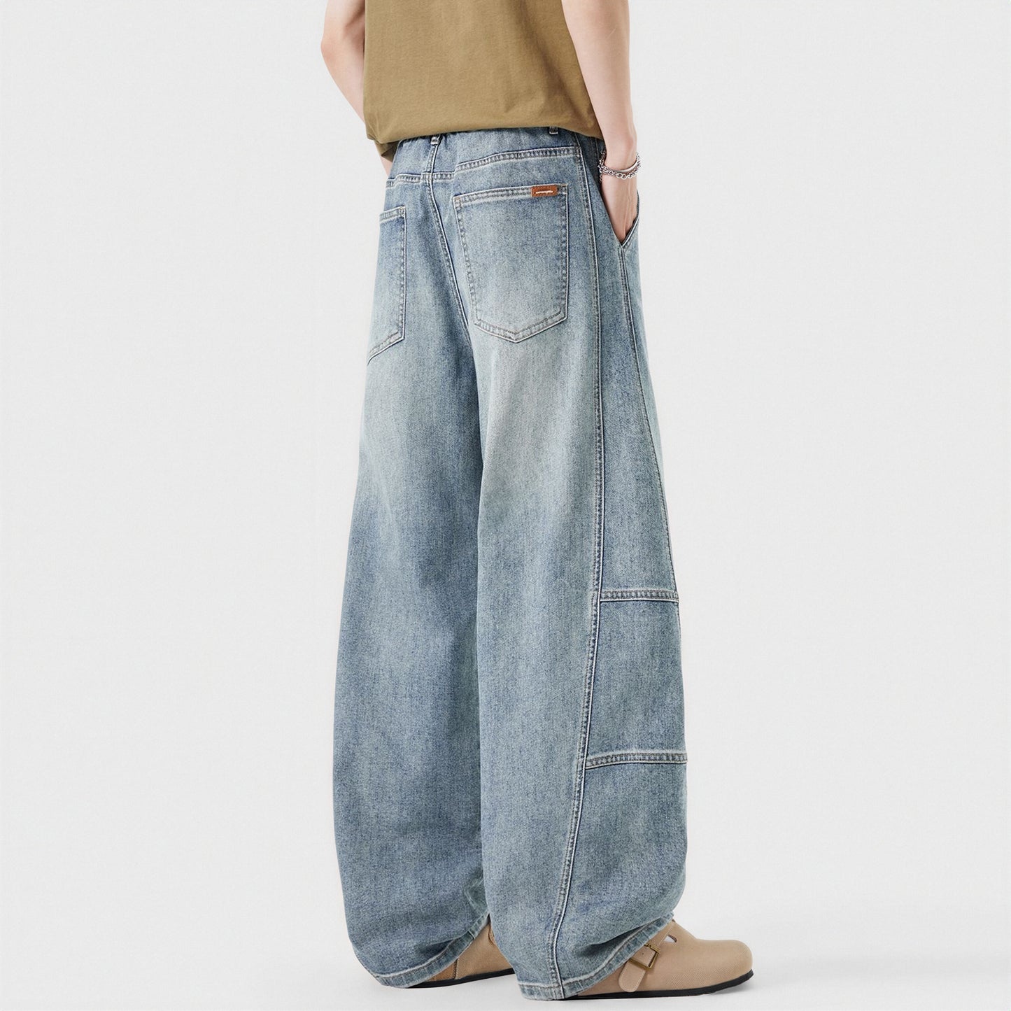 Men's Spring Light Blue Elastic Waist Paneled Straight Jeans