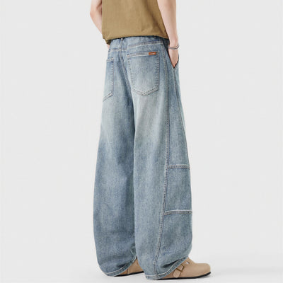 Men's Spring Light Blue Elastic Waist Paneled Straight Jeans