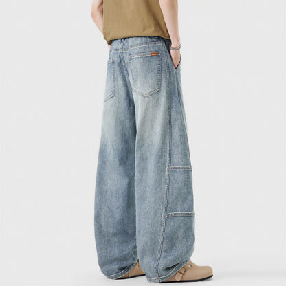 Men's Spring Light Blue Elastic Waist Paneled Straight Jeans