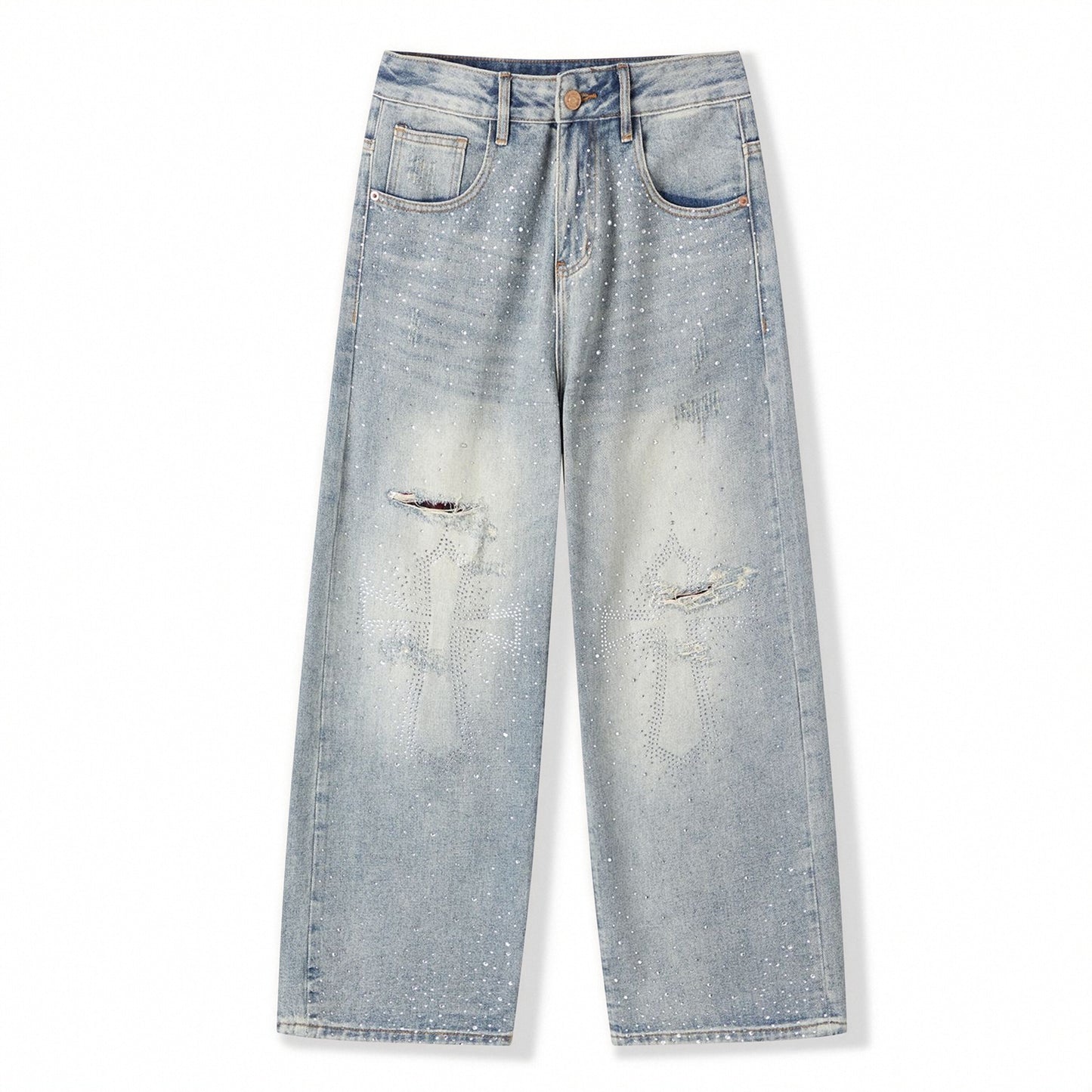 Men's Spring Light Blue Ripped Rhinestone Cross Jeans