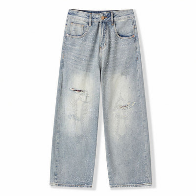 Men's Spring Light Blue Ripped Rhinestone Cross Jeans