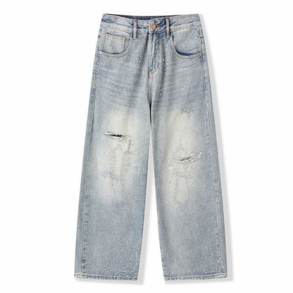 Men's Spring Light Blue Ripped Rhinestone Cross Jeans
